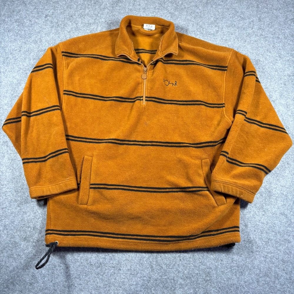 Polar Skate Co Mens Striped Quarter Zip Fleece Pullover Orange Mustard Large